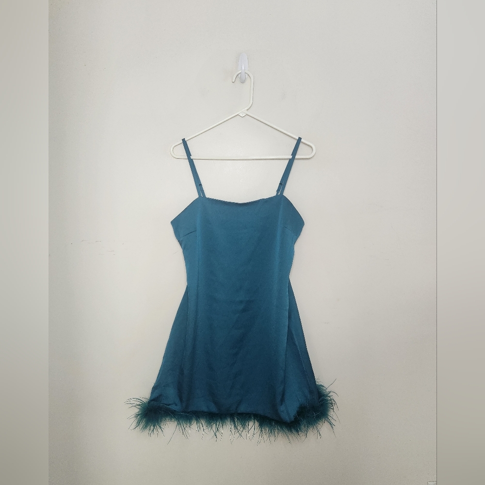 Women's Thirty Thirty Teal Green Feather Trim Slip Dress Sz Large